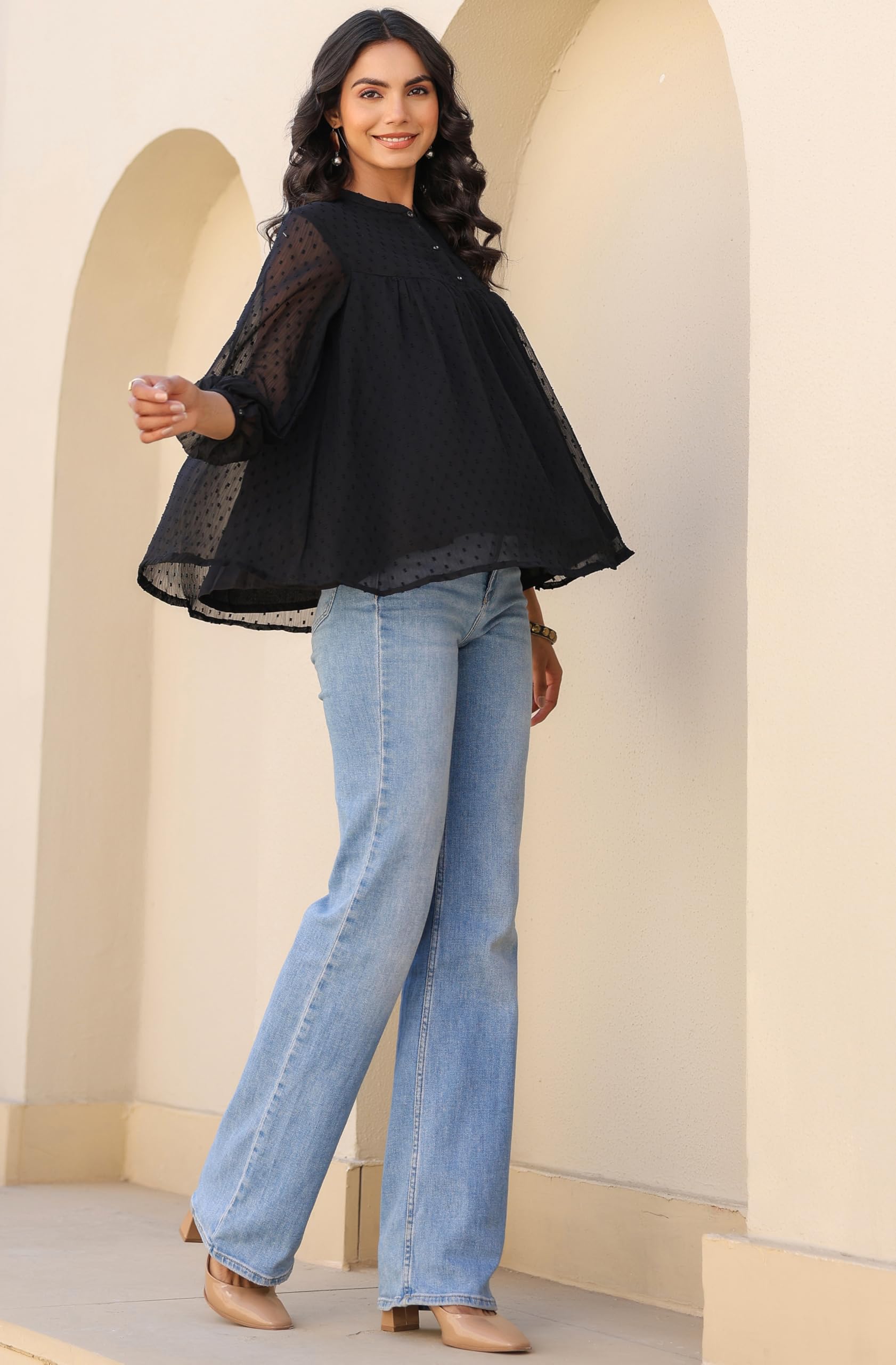 Janasya Women's Dobby Chiffon Solid Empire Top product image 4