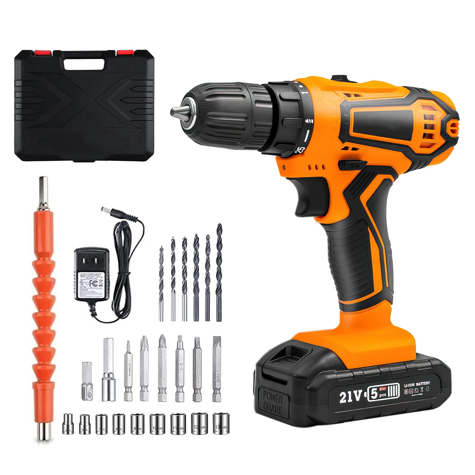 Cordless Drill Set, 21V Power Drill Kit with 1500mAh Battery and Charger, Variable Speed 25+1Torque Setting Power Tools Kit and 25pcs Drill/Driver Bits