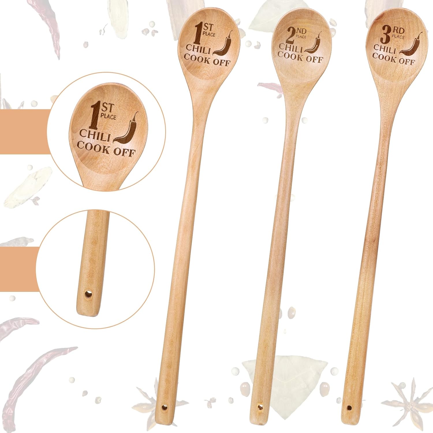 3 Pcs Chili Cook Off Trophies Prizes 1st 2nd 3rd Wooden Spoons Engraved Cooking Contest Award Long Handled Spoon for Pepper Gift Men Women Contest Chili Festivals Baking Kitchen Wedding Collectible - Image 3