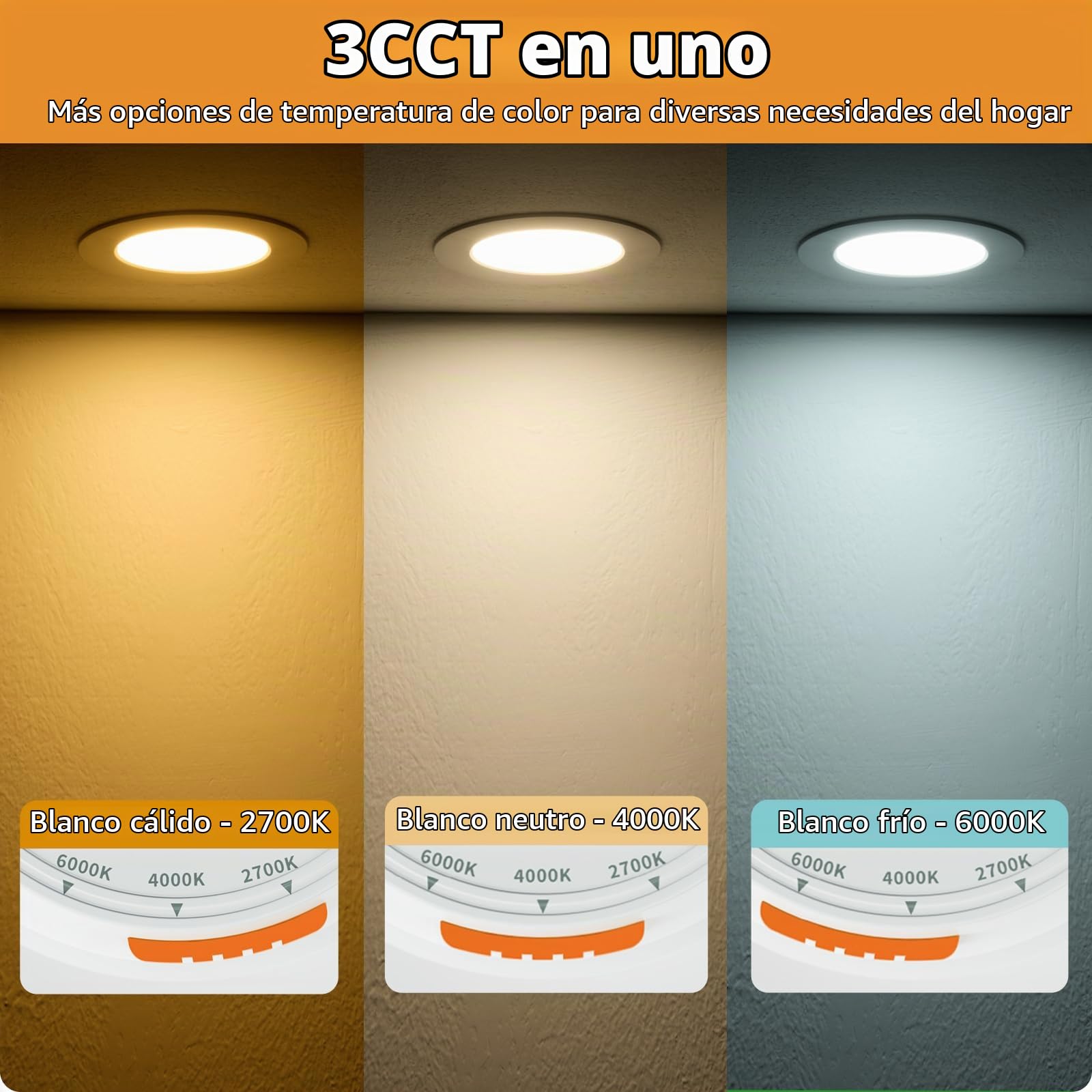 wowatt Pack 20 Downlight LED Techo Empotrable Regulable 7W 600LM 230V 3CCT | Luz Cálido 2700K Blanco Natural 4000K Luz Frio 6000K Focos Led Interior, IP44 Ojos de Buey Redondo para Baño, Corte 75mm-90mm