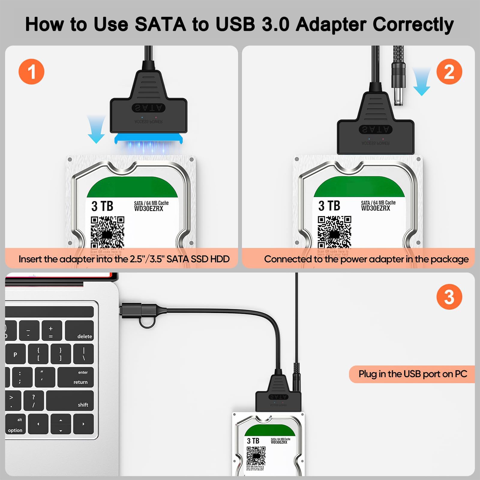 Unnderwiss kabel Sata usb adapter do dysków twardych Sata na usb Kompatybilny z zewnętrznymi i wewnętrznymi dyskami twardymi SSD/HDD 6,35 / 8,89 cm Adapter Kompatybilny z systemami operacyjnymi