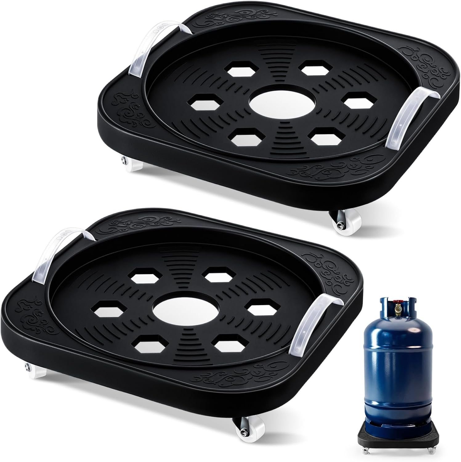 Hushee 2 Pcs Propane Caddy Propane Cylinder Base Gas Tray Holder 5 lb 10 lb Cylinder 11.8 Inch Gas Tank Tray Movable with Wheels Base Fixed Storage Holder Kitchen Outdoor Use Consignment Fixed Storage