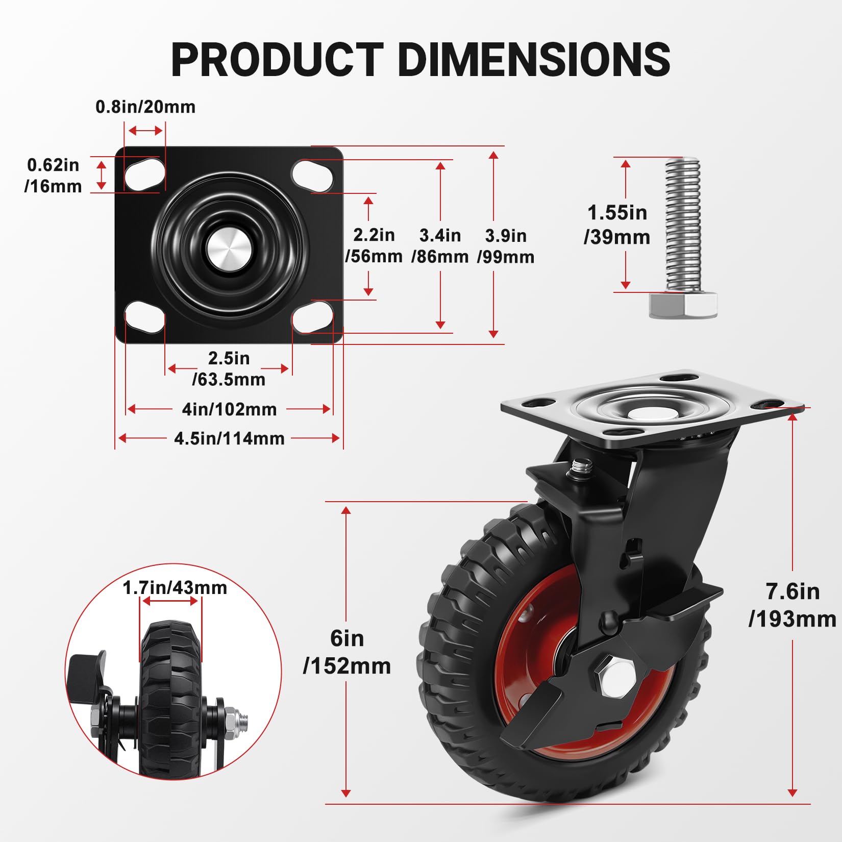 Ruote Industriali da 150mm per carichi pesanti fino a 800kg, Gomma Piena, 2 Ruote Girevoli con Freno e 2 Fisse, Ideali per Scaffali Pesanti, Carrelli Industriali e Container Mobili