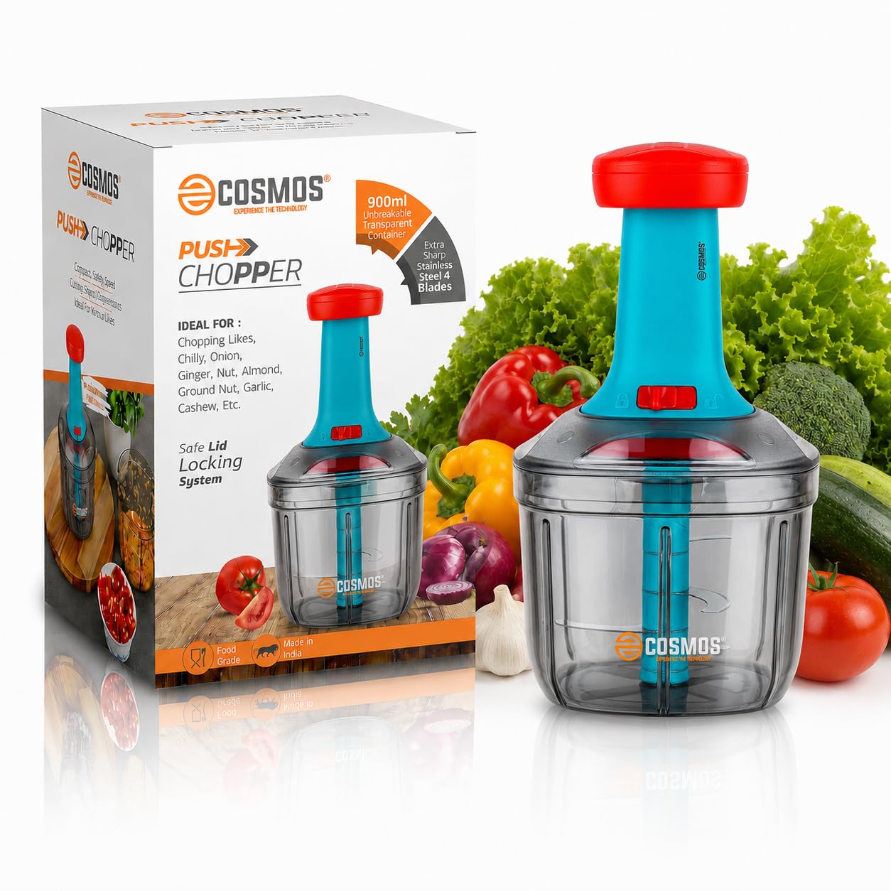 E-COSMOS® 2 in 1 Food Chopper Manual Hand Press Push Chopper with 4 Blades for Effortless Chopping Vegetables & Fruits with Mixi Blade for Lassi/Butter Milk (900 ml, Plastic)
