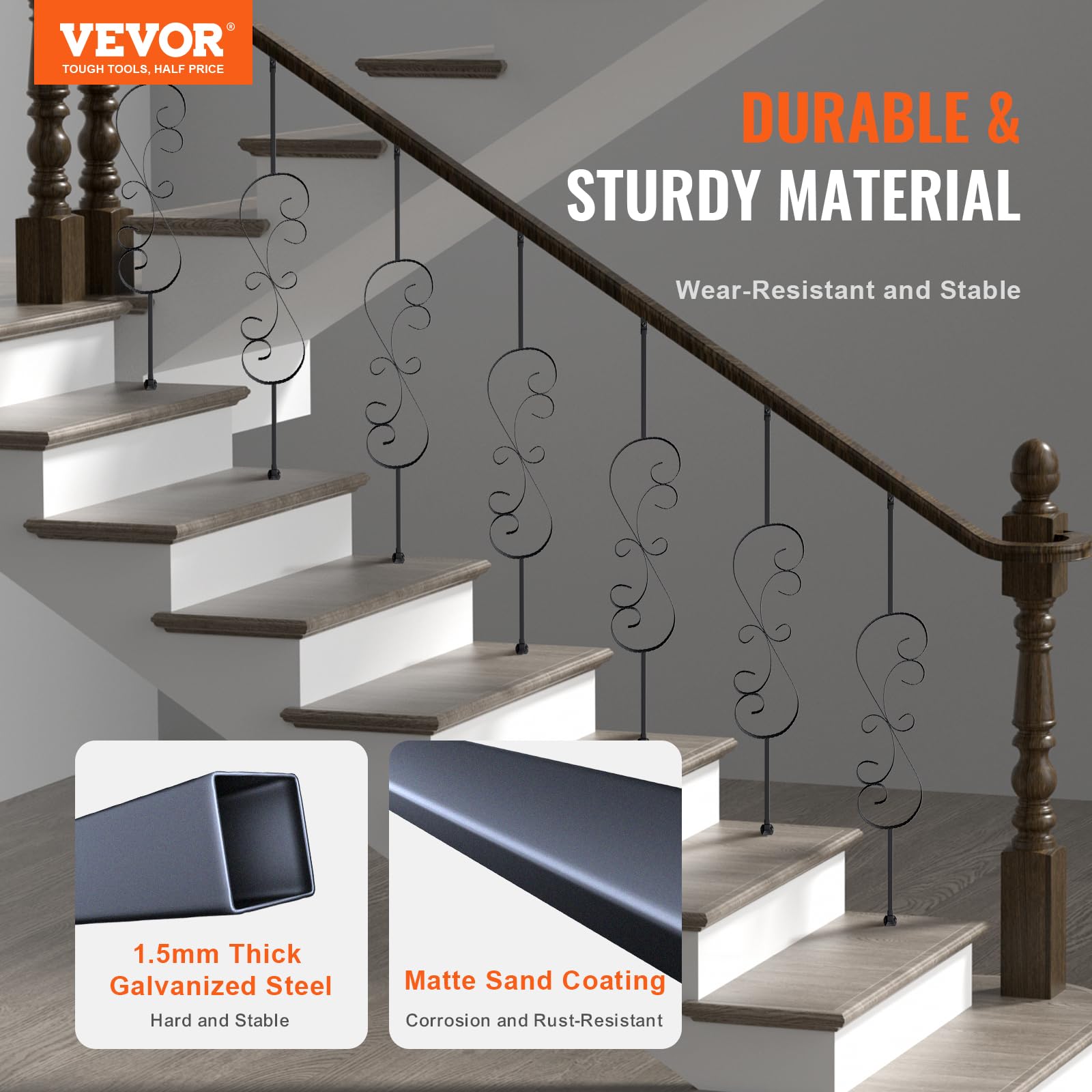 VEVOR Metalowe balustrady schodowe 1122 mm balustrady dekoracyjne pręty ze stali ocynkowanej 5 S tralki z butami i śrubami do drążonych ślimaków schodowych balustrady, czarny