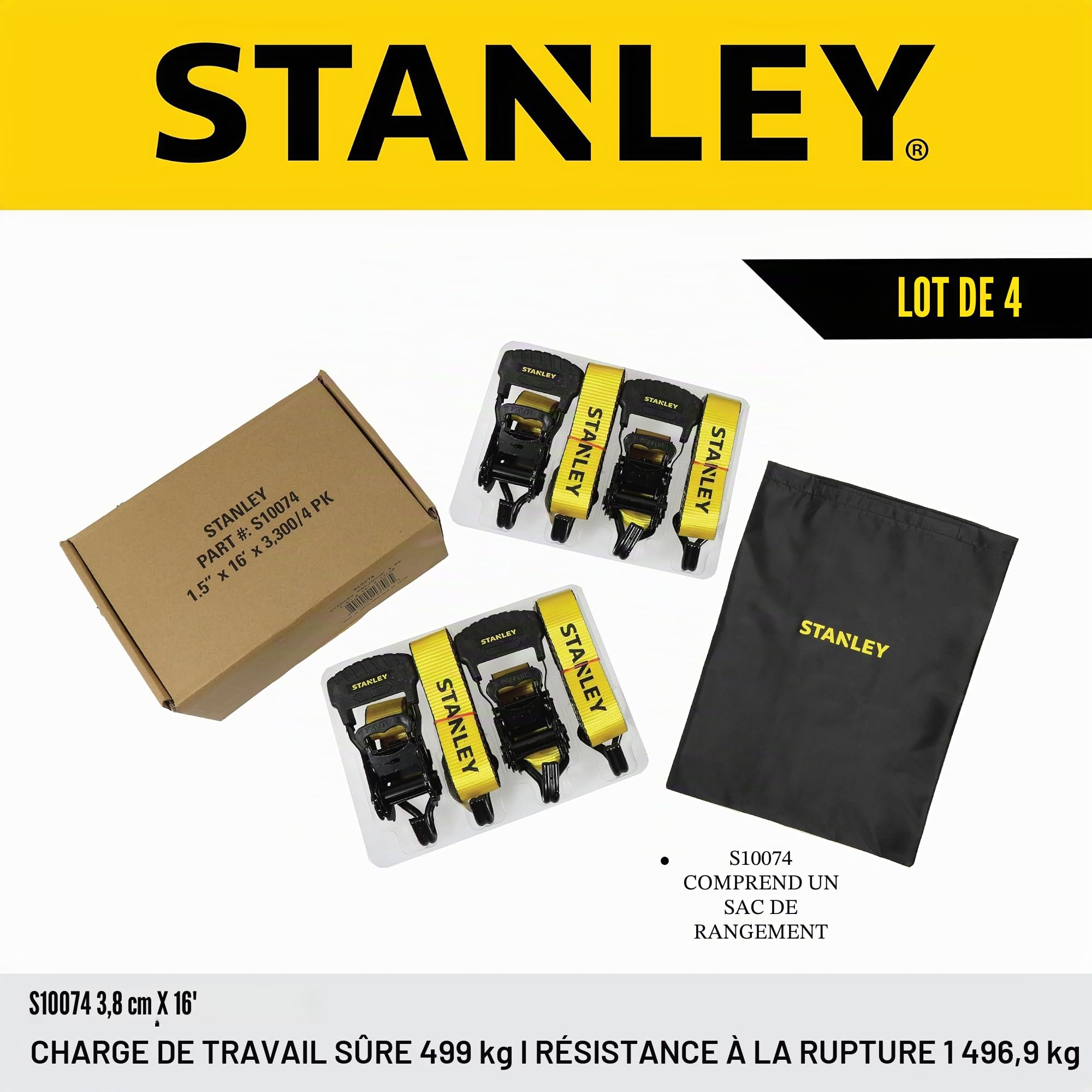 STANLEY S10074 Lot de 4 Sangles d'arrimage à cliquet 3,8 cm x 4,88 m - pour sécurisation de Charges Lourdes (résistance à la Rupture de 1 500 kg) – Noir/Jaune