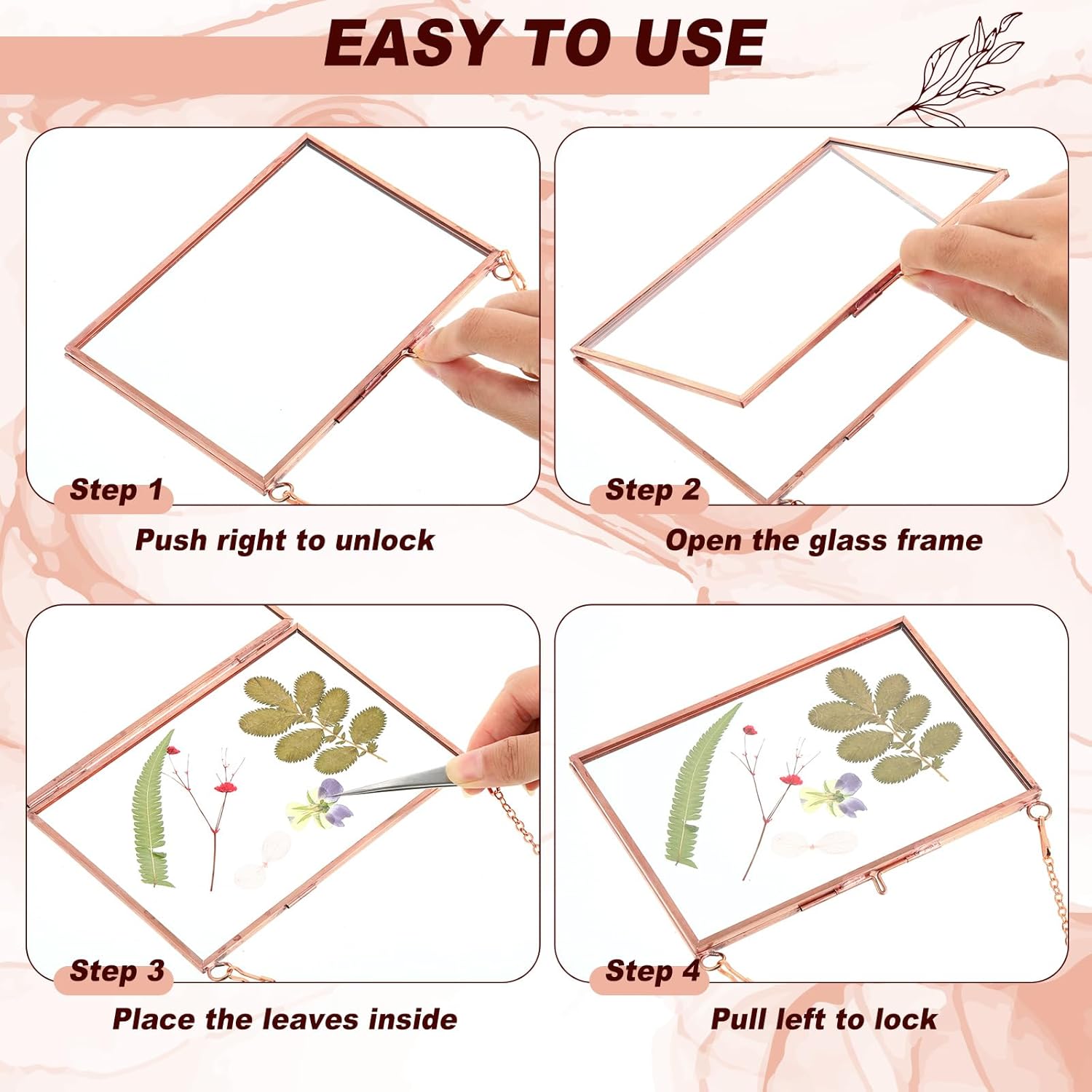 Thyle 12 Pcs Brass Glass Pressed Flowers Frame - 4 x 6 Inch DIY Hanging Art Clear Glass Frame with Chain for Picture Photo Gallery Wall Display Decor (Rose Gold)