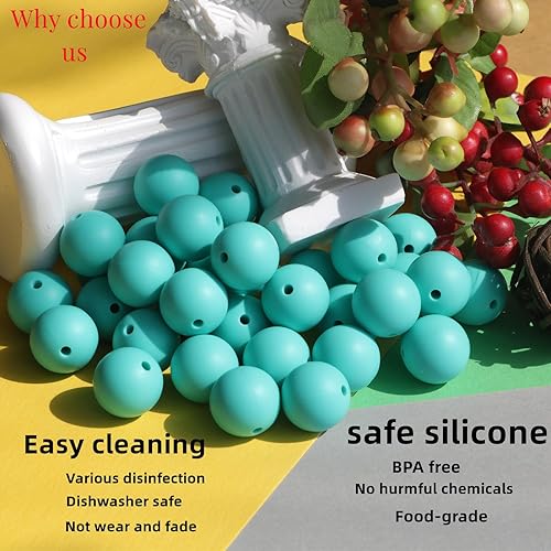 Miniatura 3 de 120 cuentas de silicona de color turquesa de 0.472 pulgadas (0.472 in), cuentas sueltas de goma para hacer joyas, manualidades, llavero y pulsera