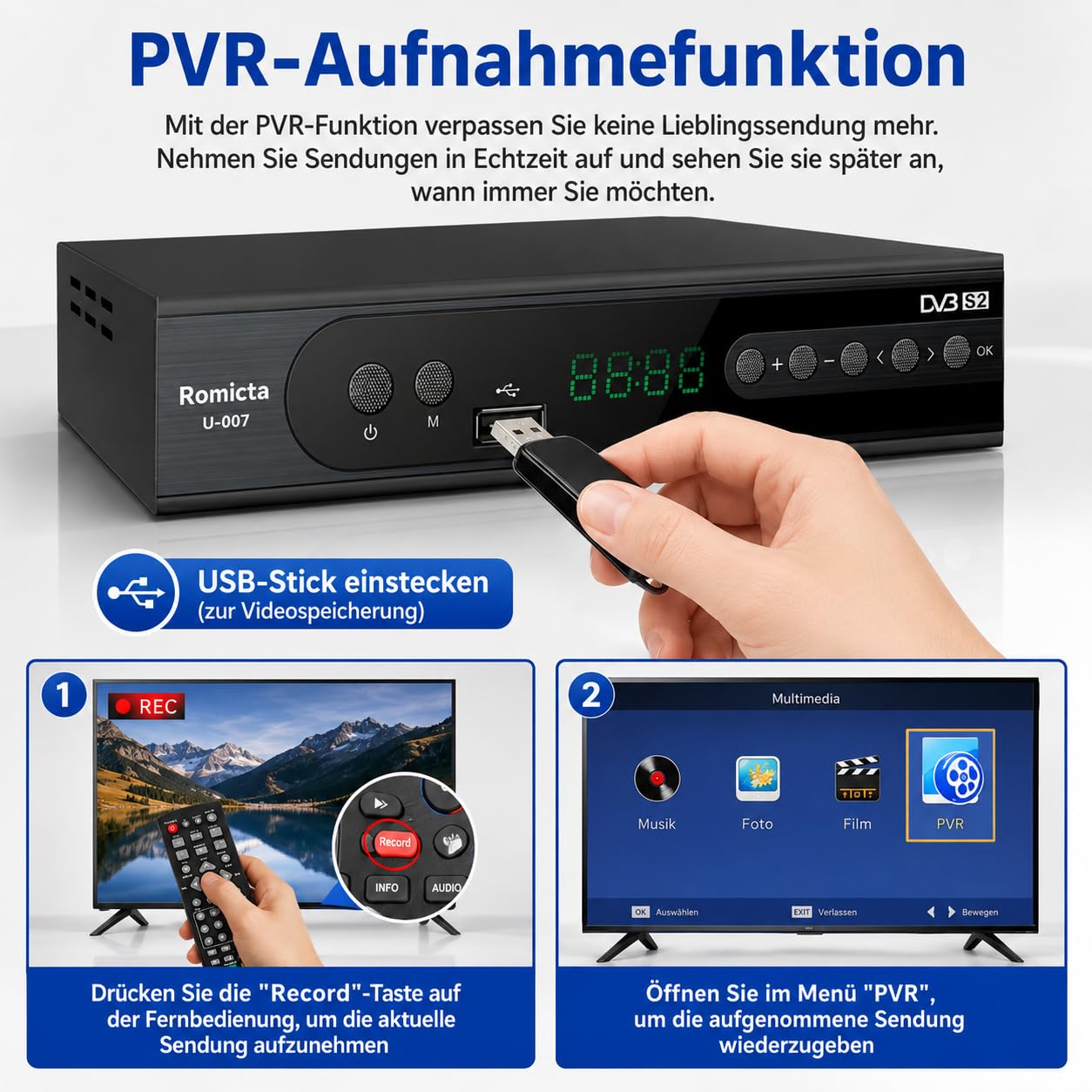 Romicta HD Satelliten Receiver DVB-S/S2 PVR EPG SCART USB Mediaplayer HDTV YouTube Schwarz