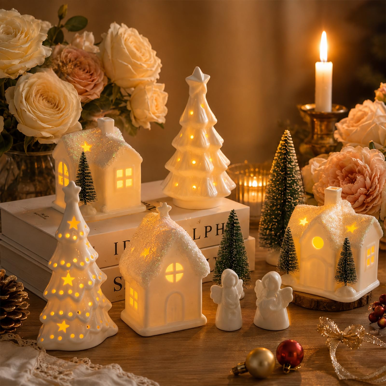 12Stk Weihnachtsdorf mit Beleuchtung,Weihnachtshaus Beleuchtet,Keramik Weihnachtsdeko innen,3*beleuchtete Weihnachtshäuser & 2*Weihnachtsbäume & 2*Engel,Deko Weihnachtsdorf mit Beleuchtung für Tisch
