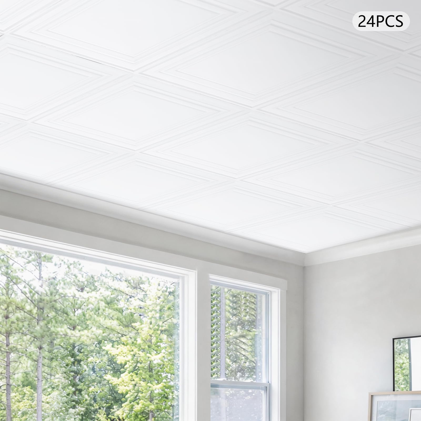 24PCS PVC-Deckenplatten Decken Verkleidungen 60x60x1.5cm(Weiß) | Dekorative Deckenfliesen aus PVC Quadratisches Wandfliesen Kunststoff-Deckenfliesen zum Aufkleben für Wohnzimmer