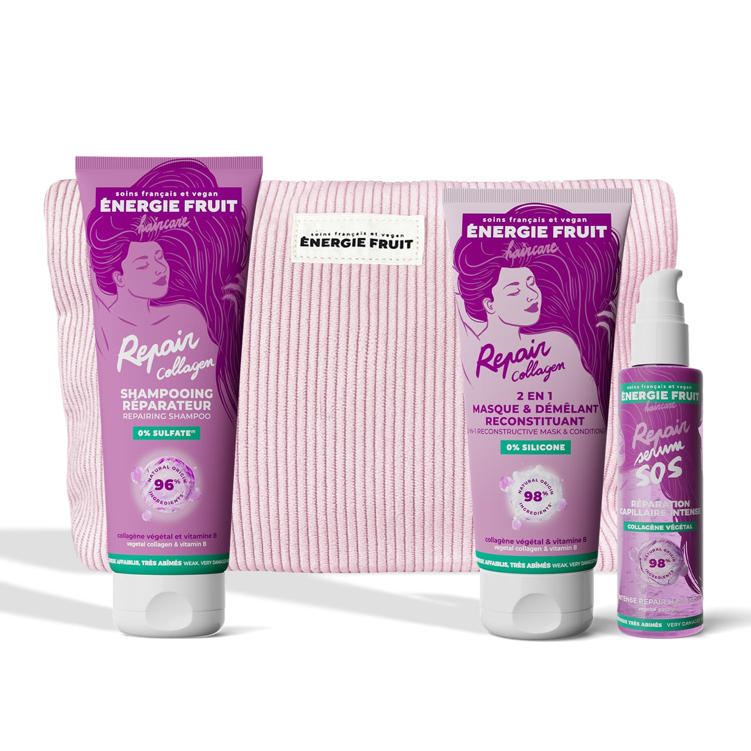 ENERGIE FRUIT - Coffret cadeaux routine capillaire cheveux abîmés - Collagène - Trio shampooing réparateur, masque reconstituant, sérum protecteur - Trousse offerte