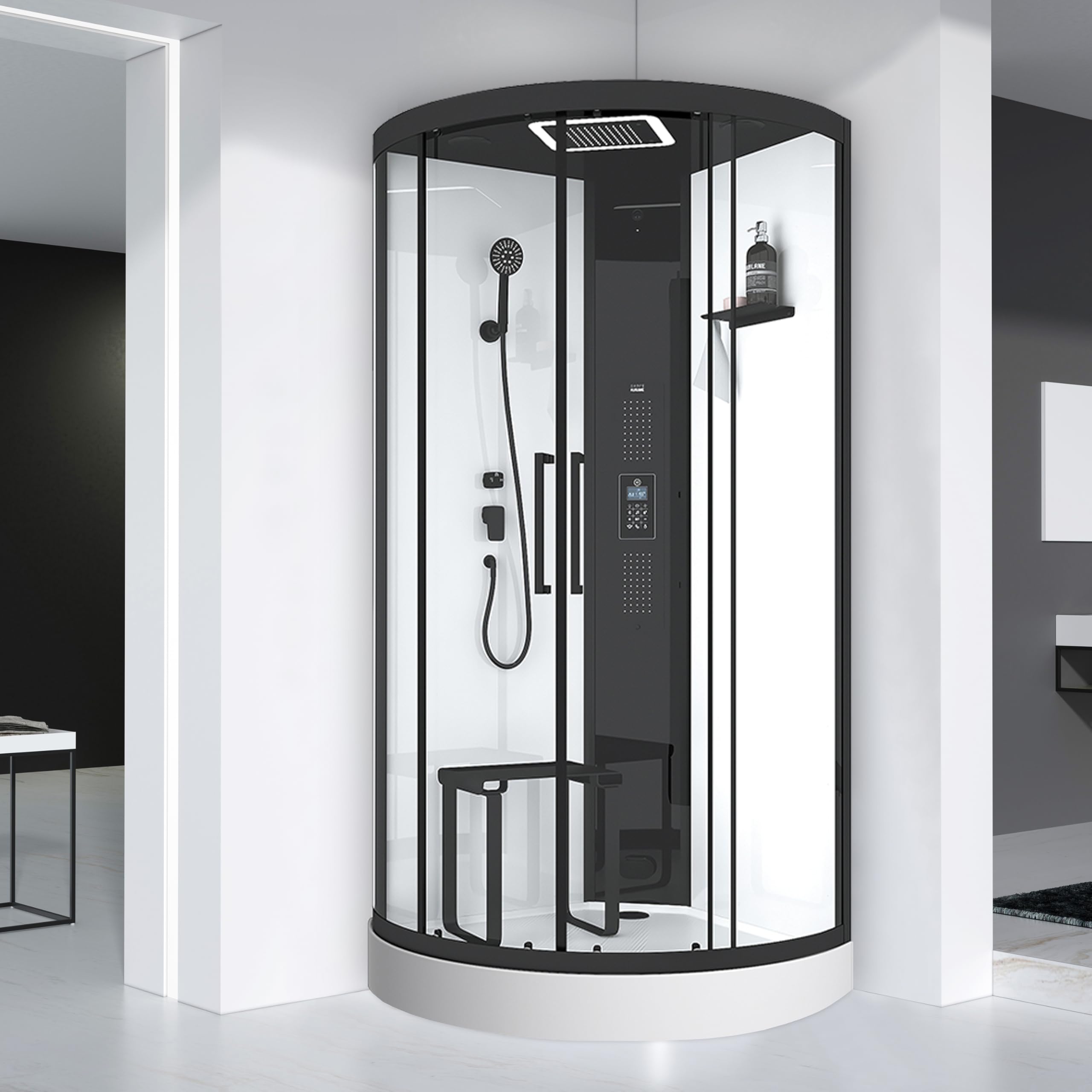 Marwell Spa Round kabina prysznicowa parowa, 95 x 95 x 218 cm, kompletny zestaw z akrylową wanną i kranem, z deszczownicą LED, radiem i głośnikiem Bluetooth