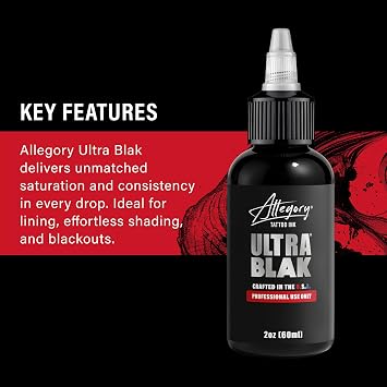 Allegory Tattoo Ink Ultra Blak, Premium Black Tattoo Ink, Perfect for Lining and Shading, Smooth, Consistent Pigment, Vegan Friendly Tattoo Color, Organic Ink, Crafted in the USA (2 oz)