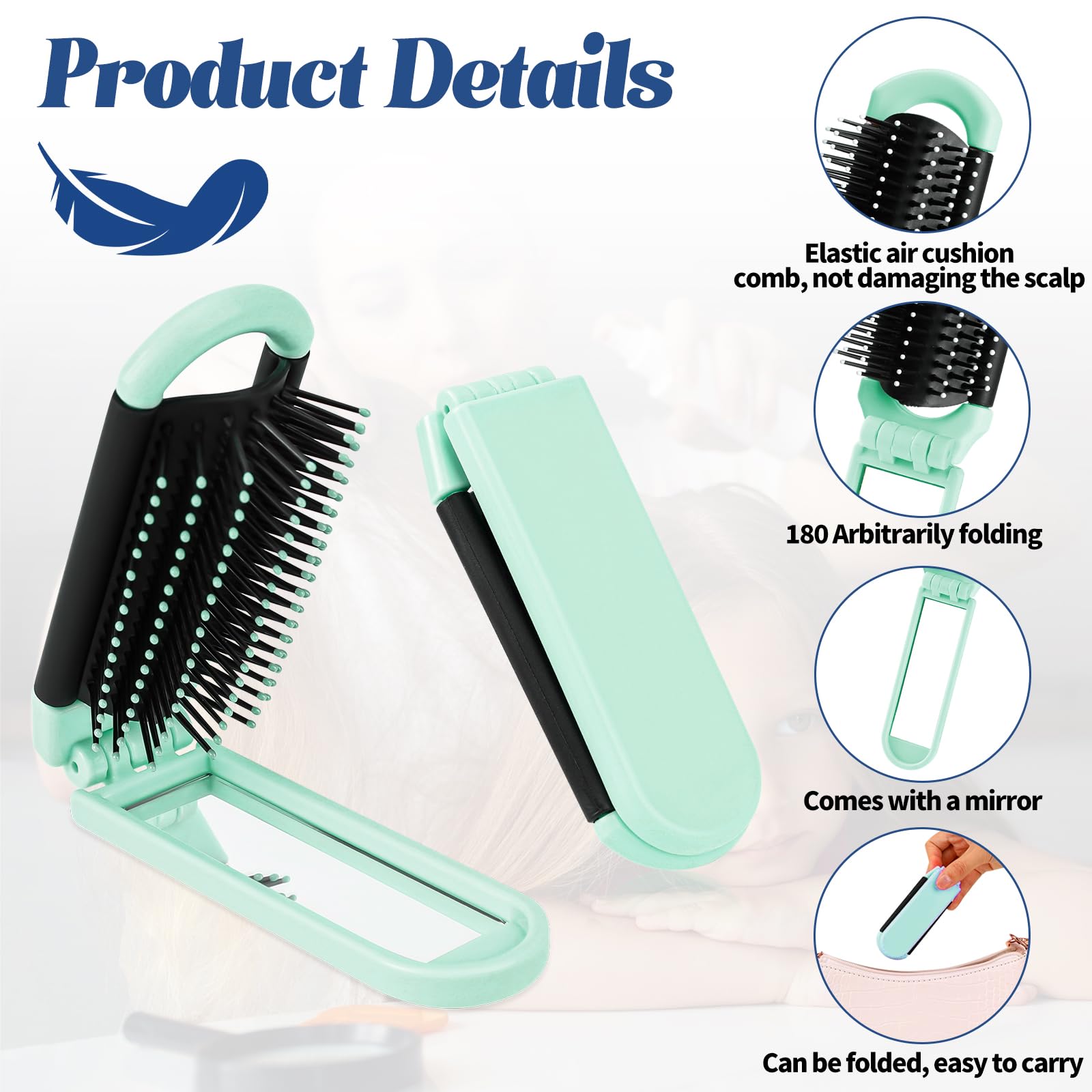 Travel Folding Hair Brush with Mirror for Women Small Collapsable Hair Comb with Soft Nylon Bristles Portable Mini Pocket Size Scalp Hairbrush for Purse Thick Thin Curly Straight Wet Dry Hair - Image 3