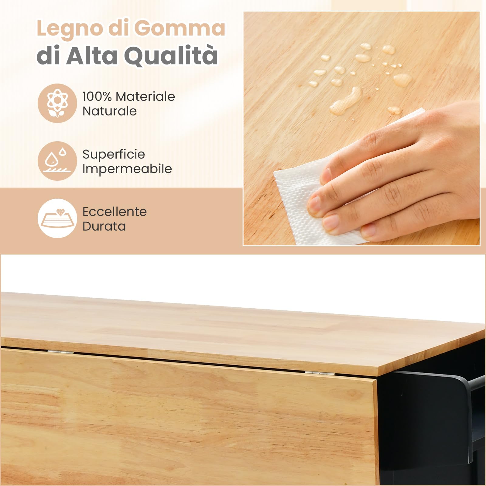 GYMAX Carrello da Cucina, con 2 Armadietti, 1 Cassetto, 1 Scomparto e 1 Portabottiglie, Tavolo Isola per Servizio con 4 Ruote, Portaspezie e Portasciugamani, 130 x 74 x 90 cm (Nero)