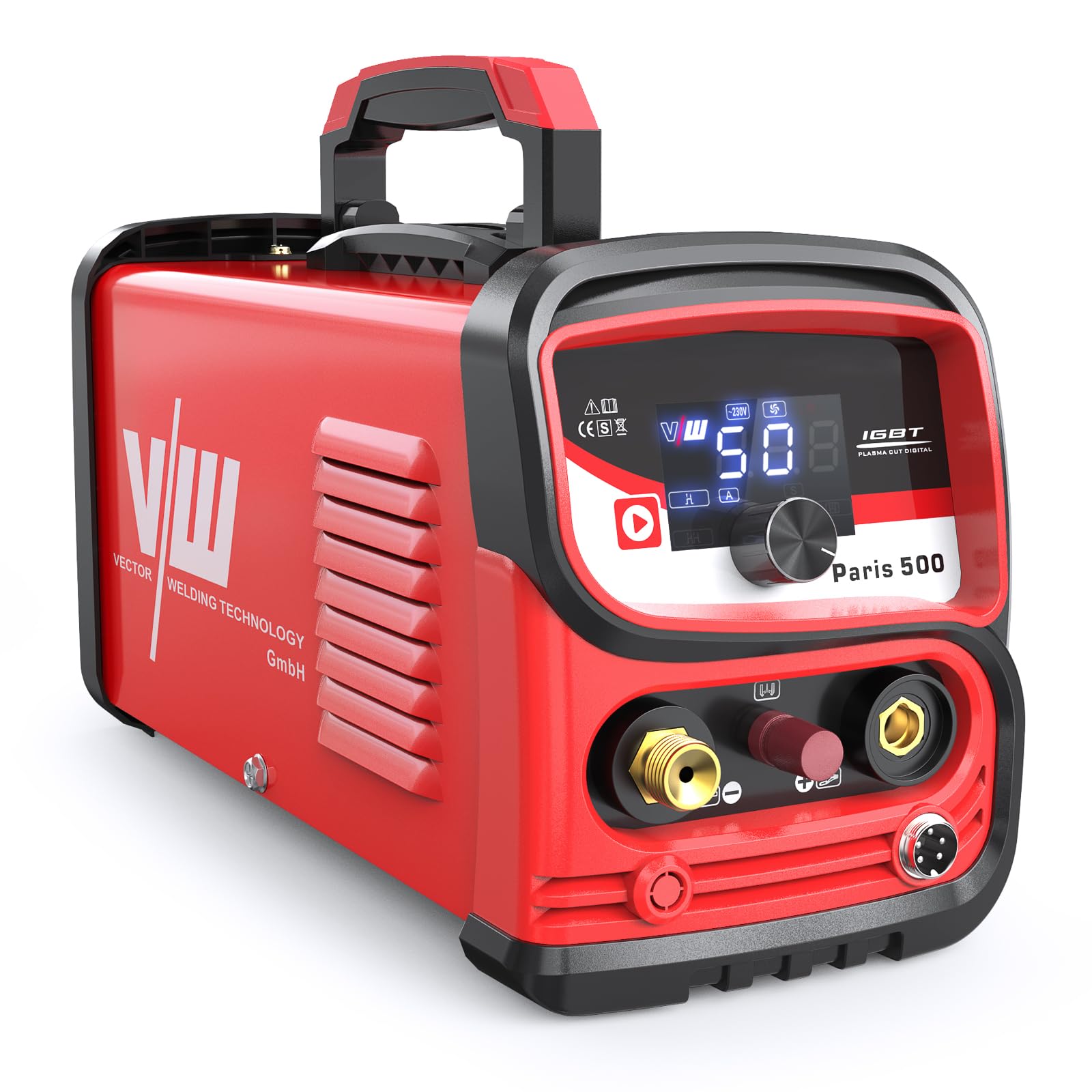 VECTOR WELDING Taglierina al plasma da 50 A, accensione ad alta frequenza con inverter IGBT | accensione pilota senza contatto, protezione da sovraccarico, display digitale, raffreddamento forzato, taglio fino a 12 mm