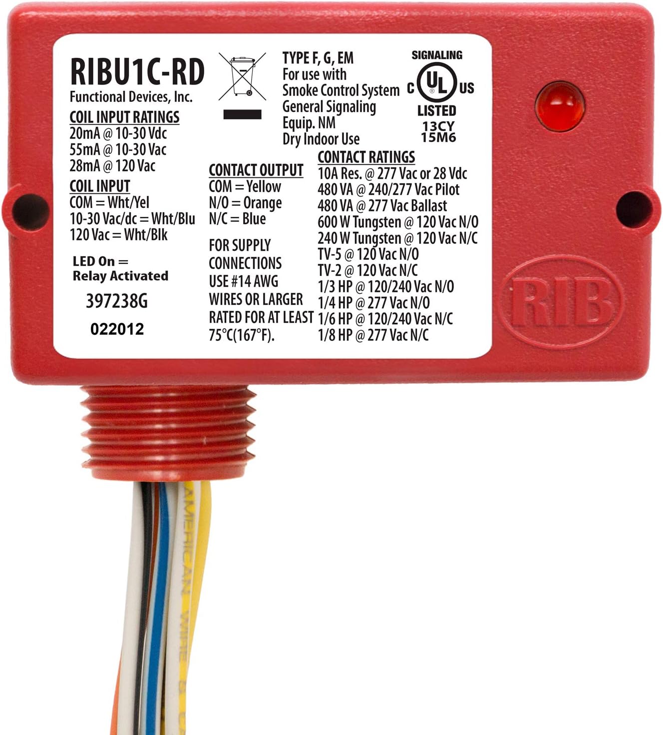 Functional Devices RIBU1C-RD Pilot Relay, 10 Amp SPDT, 10-30 Vac/dc/120 Vac Coil, Red Housing