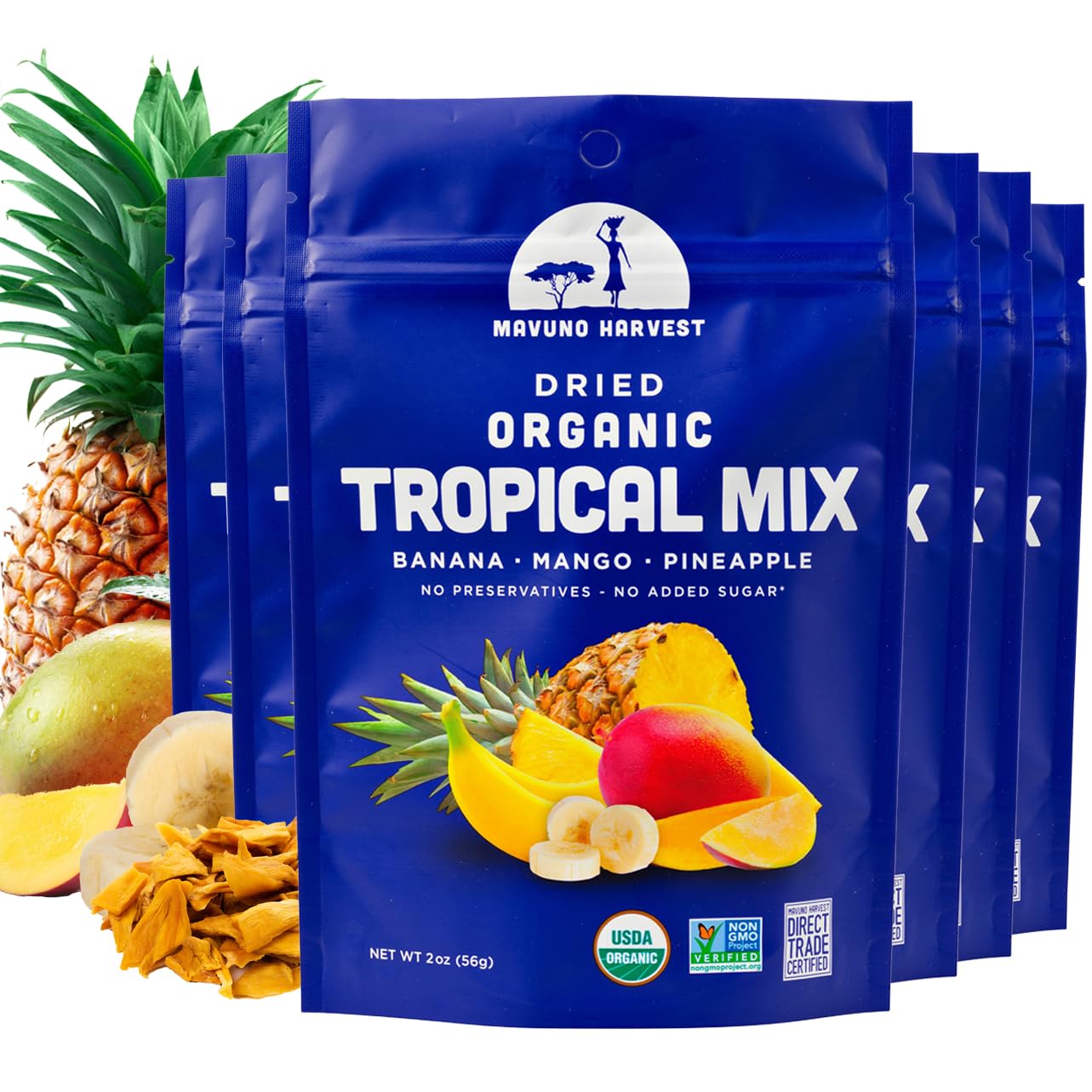 Mavuno Harvest Tropical Mix Dried Fruit Snack | Unsweetened Organic Mixed Dried Fruit | Gluten Free Healthy Snacks for Kids and Adults | No Sugar Added, Vegan, Non GMO | 2 Ounce, Pack of 6