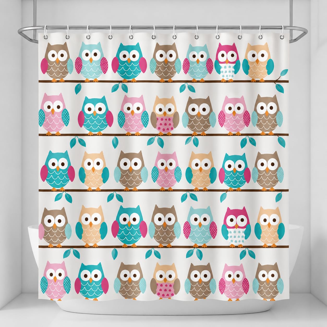 JERN Kids Bathroom Shower Curtain, Cute Printed Polyester Bath Curtain with 12 Hooks & Metal Grommets, Machine Washable Bathroom Decor for Boys & Girls, 1.8 x 1.8 m (Colorful Owl Perch)-image-29