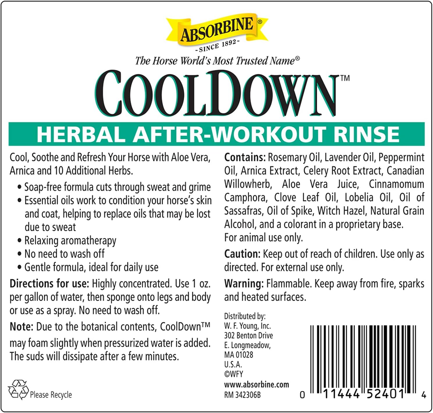 Absorbine CoolDown Herbal After Workout Rinse, 12 Herbs & Essential Oils, Soap-Free Formula, Concentrate Makes 32 Gallons