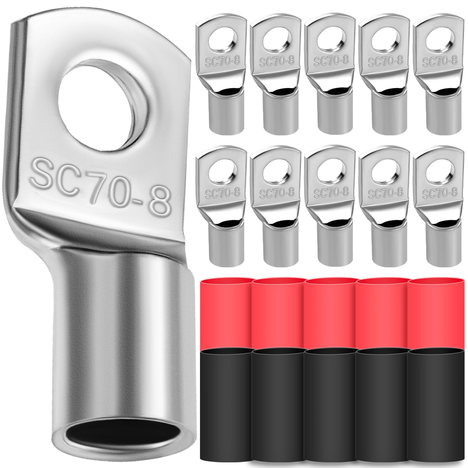 10x Cable Lugs 70mm² M8 Thickened Copper Uninsulated SC Crimp Lugs Battery Cable Ends Lugs Battery Terminals with 10 Heat-shrink Tubing 3: 1