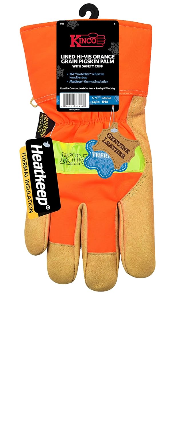 Kinco Orange Hi-Vis Lined Pigskin Leather Work Gloves (Style No. 1938) - Image 3