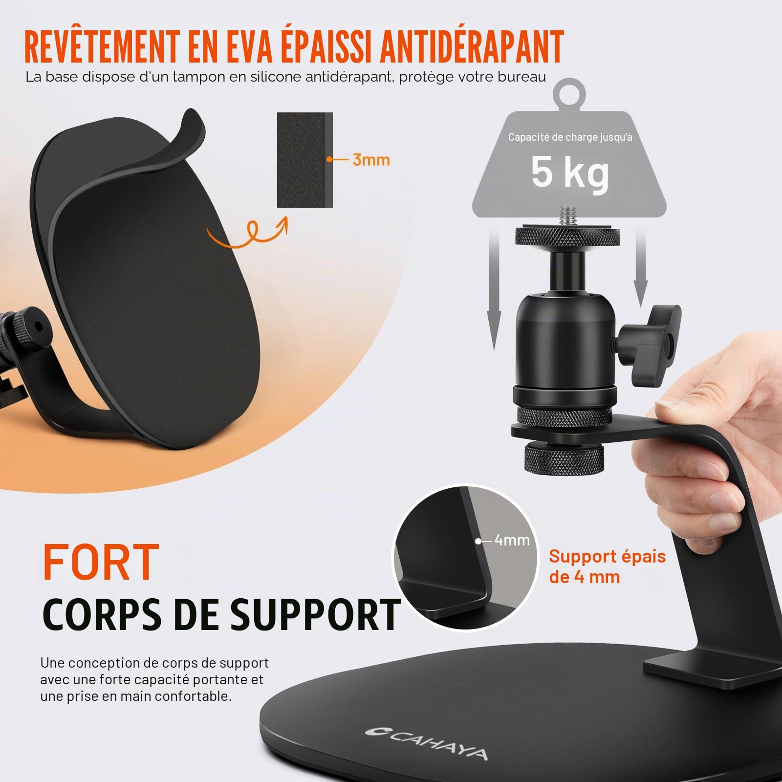 CAHAYA Support pour Mini Projecteur de Bureau - Vidéoprojecteur Portable Compact Réglable 360° avec Base Métallique Antidérapante et Ultra Stable, Filetage 1/4", Charge Max 5 kg