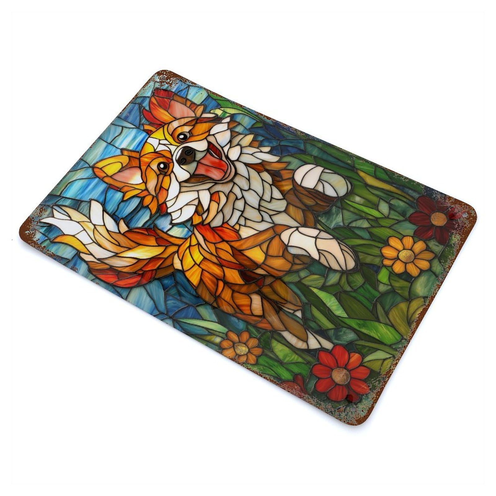 Rusty Metal Tin Sign Stained Glass Dog 11.8"x7.9", Classic Wall Plaque for Cafe, Home Bar And Lounge Decor