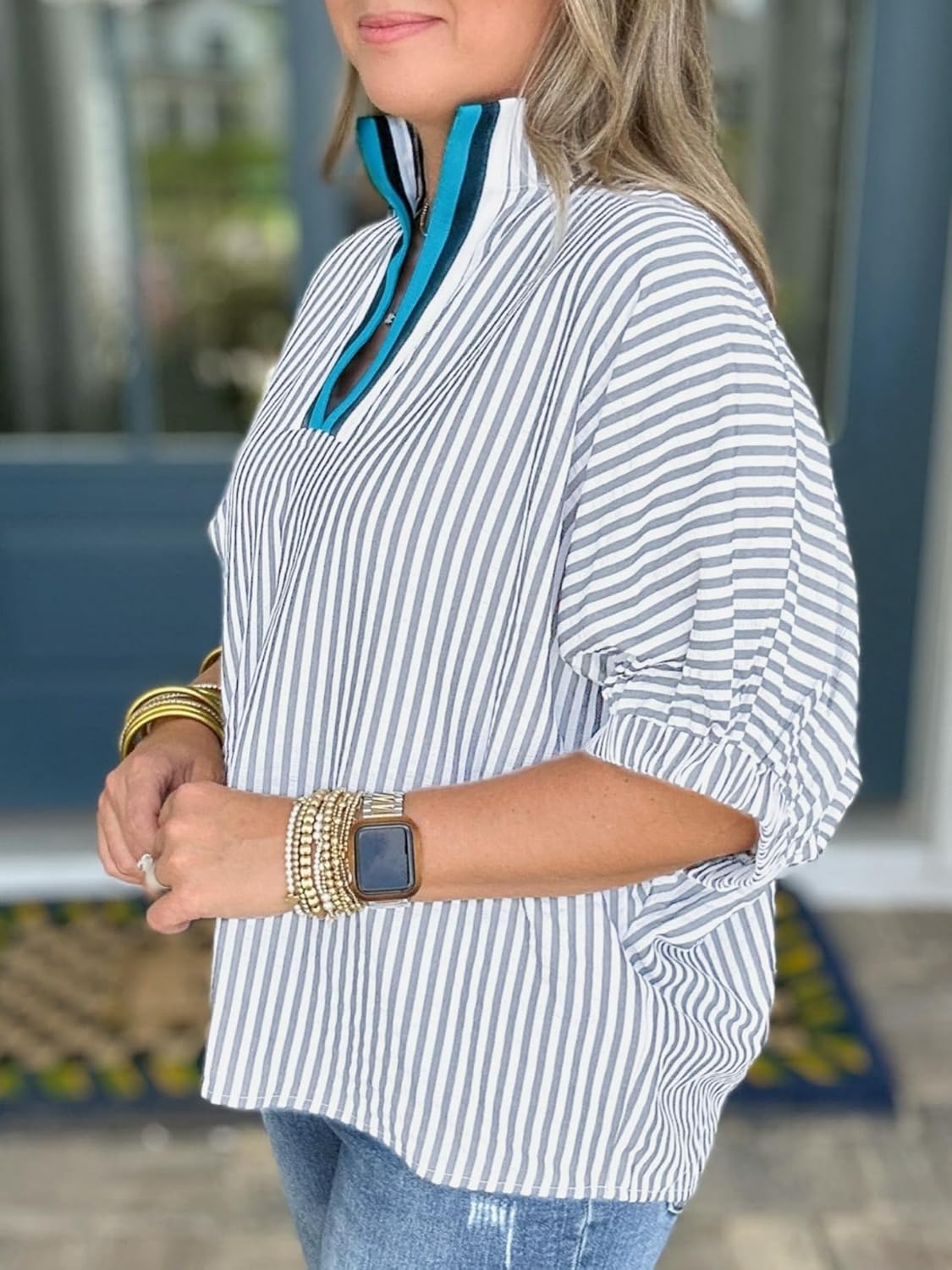 Womens Striped Contrast Neck Shirts Elbow Puff Sleeve Dolman Blouse Top - Image 5