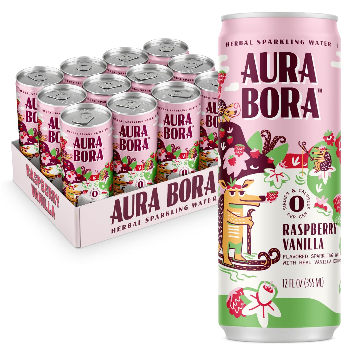 Aura Bora, Raspberry Vanilla Herbal Sparkling Water, 12 oz Can (Pack of 12), 0 Calories, 0 Sugar, 0 Sodium, Non-GMO