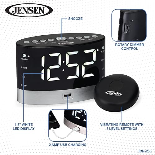 Miniatura 8 de JENSEN JCR-255 JCR-255 Radio reloj digital de doble alarma AM/FM de .6 vatios con vibrador debajo de la almohada, color negro