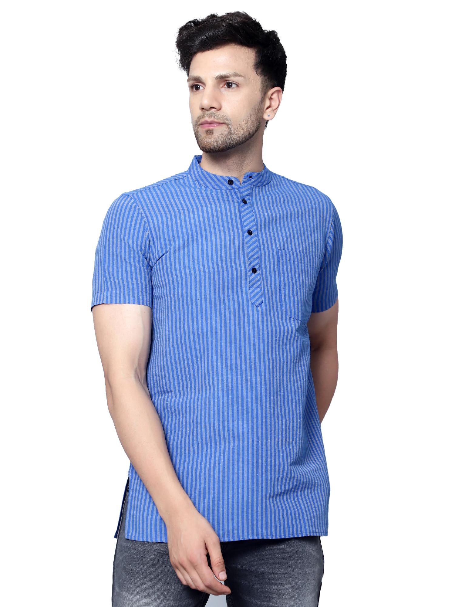 latest chikan garments Latest Chikan Men's Cotton Blend Regular Striped Short Kurta Half Sleeves - Casual Ethnic Wear-picture-33