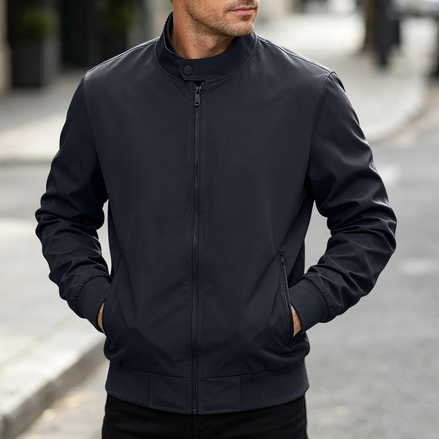 Mens Stand Collar Zip Up Bomber Jacket Long Sleeve Lightweight Coat