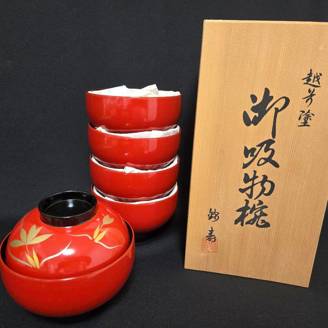 懐石道具 山中塗 寿弥作天然木製 桜 もみじ蒔絵 吸物椀5客 見返し共箱