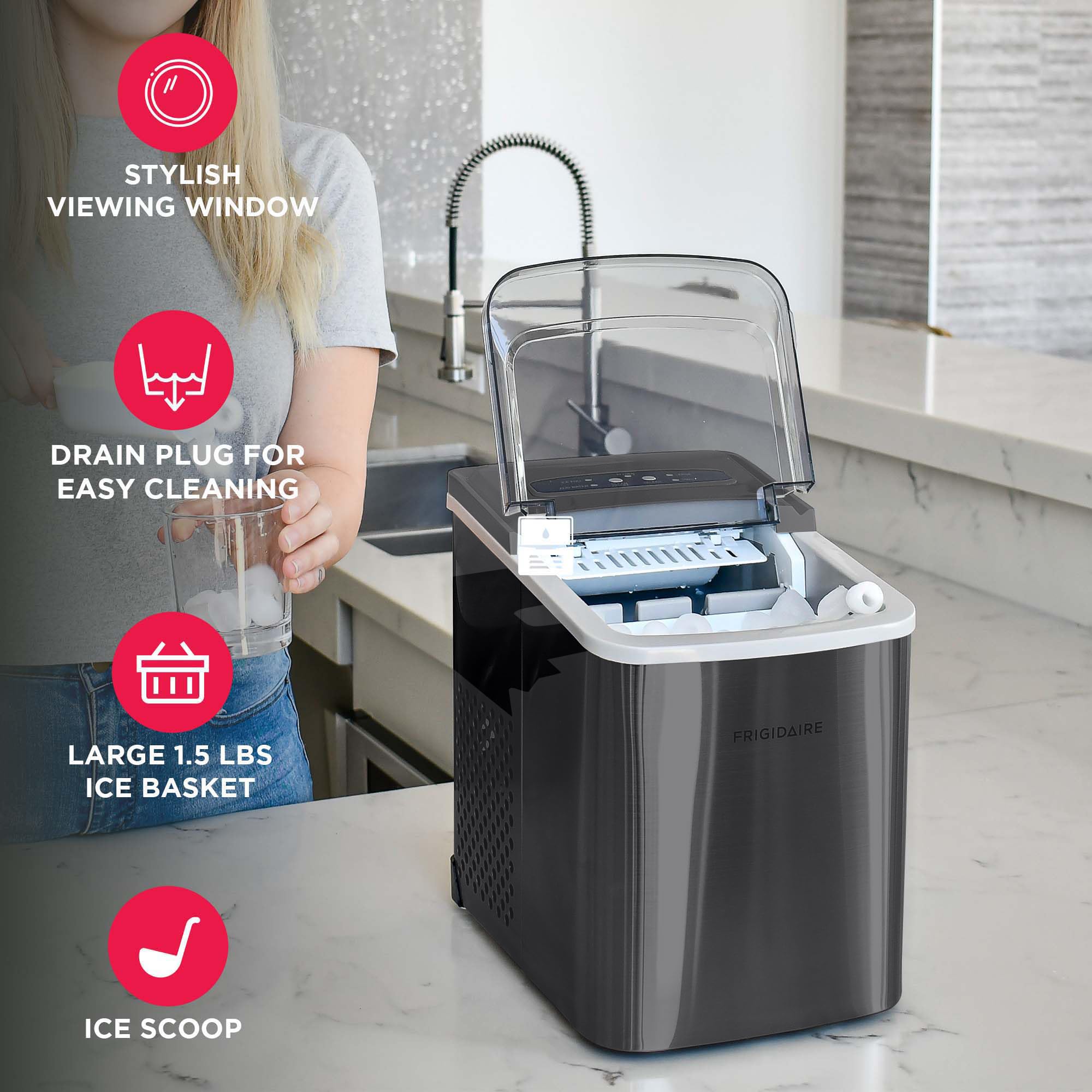 Frigidaire Countertop Portable, 26 Lb Per Day Bullet Ice Maker Machine (Black Stainless Steel) on Fridge.com - View 3