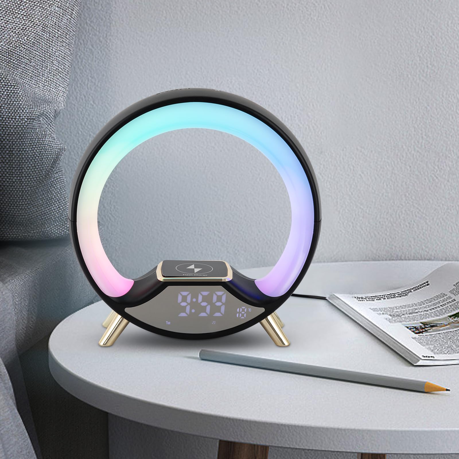 Lampka nocna USB, lampka nocna, ściemniana, lampa stołowa z bezprzewodową funkcją szybkiego ładowania i timerem, zmiana koloru, lampka nocna do dekoracji sypialni (czarna)