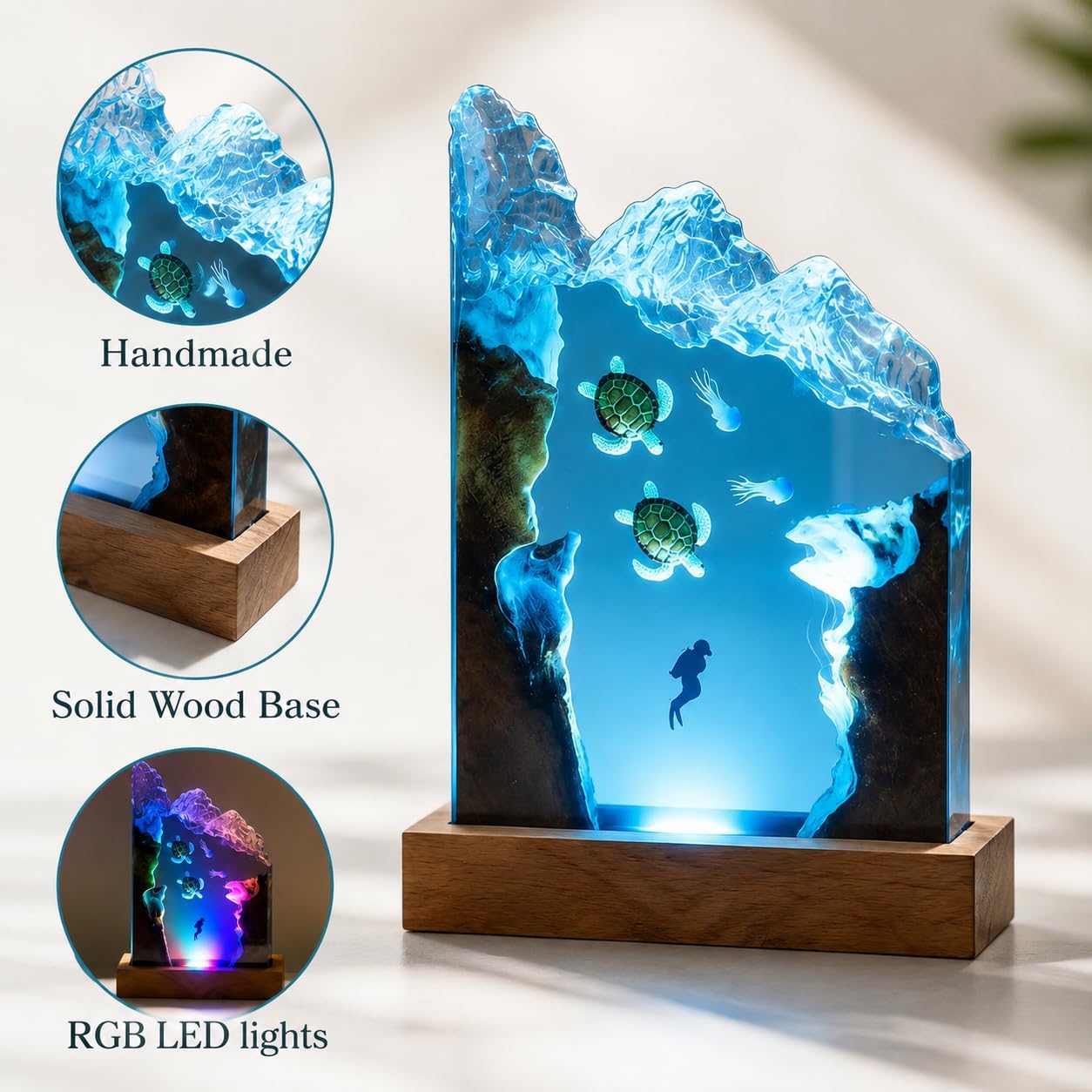 Creative Ocean Wave Epoxy Resin Wood Night Light, Whale Shark Dimmable Lamp Deep Sea Diver Ornament, Epoxy Resin Lamp Handmade Home Desk Decor, Mothers Fathers Day Birthday Gift (Style 2) image 3