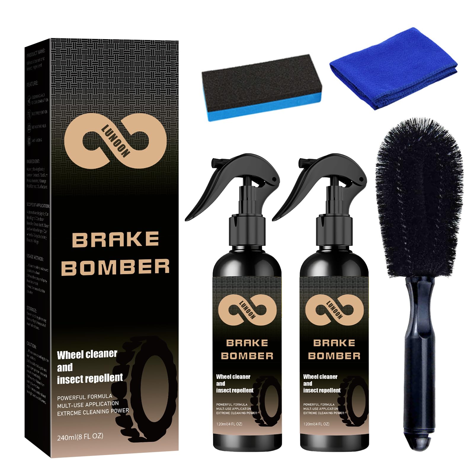 Brake Bomber Cleaner Wheel Cleaner, 2pcs Non-Acid 4oz Stealth Tire Chrome Cleaners Car Heavy Duty Care Aluminum Brakes Spray Tires Buster with Brush Towel Scouring Cloth, for Cars Trucks Dust - White