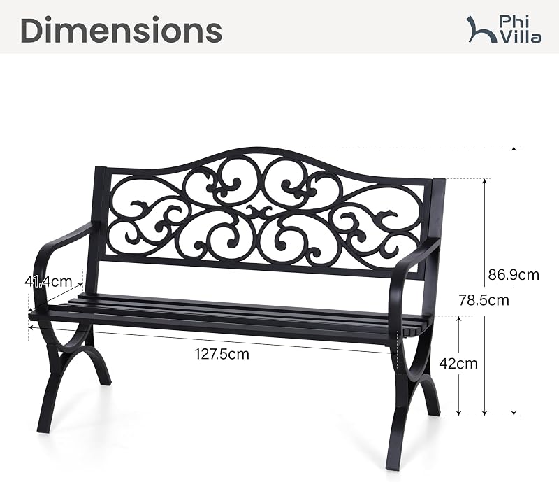 PHI VILLA 50 Inches Cast Iron Steel Frame Outdoor Garden Bench, Black image 2