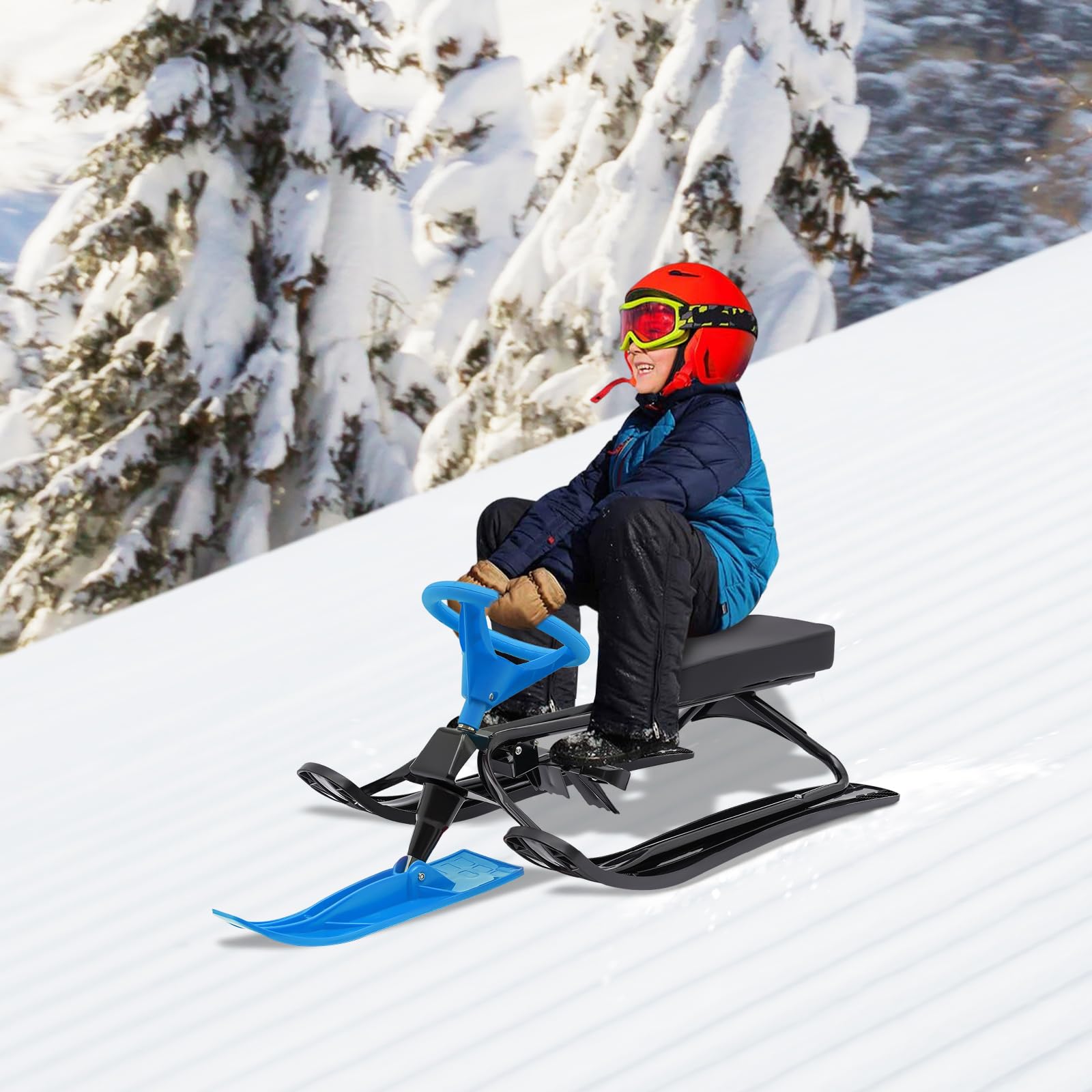 Luge avec frein pour enfants et adultes - Charge maximale : 100 kg - Avec volant - Pédale antidérapante - Siège en polyuréthane - Luge de course - Jouet d'hiver