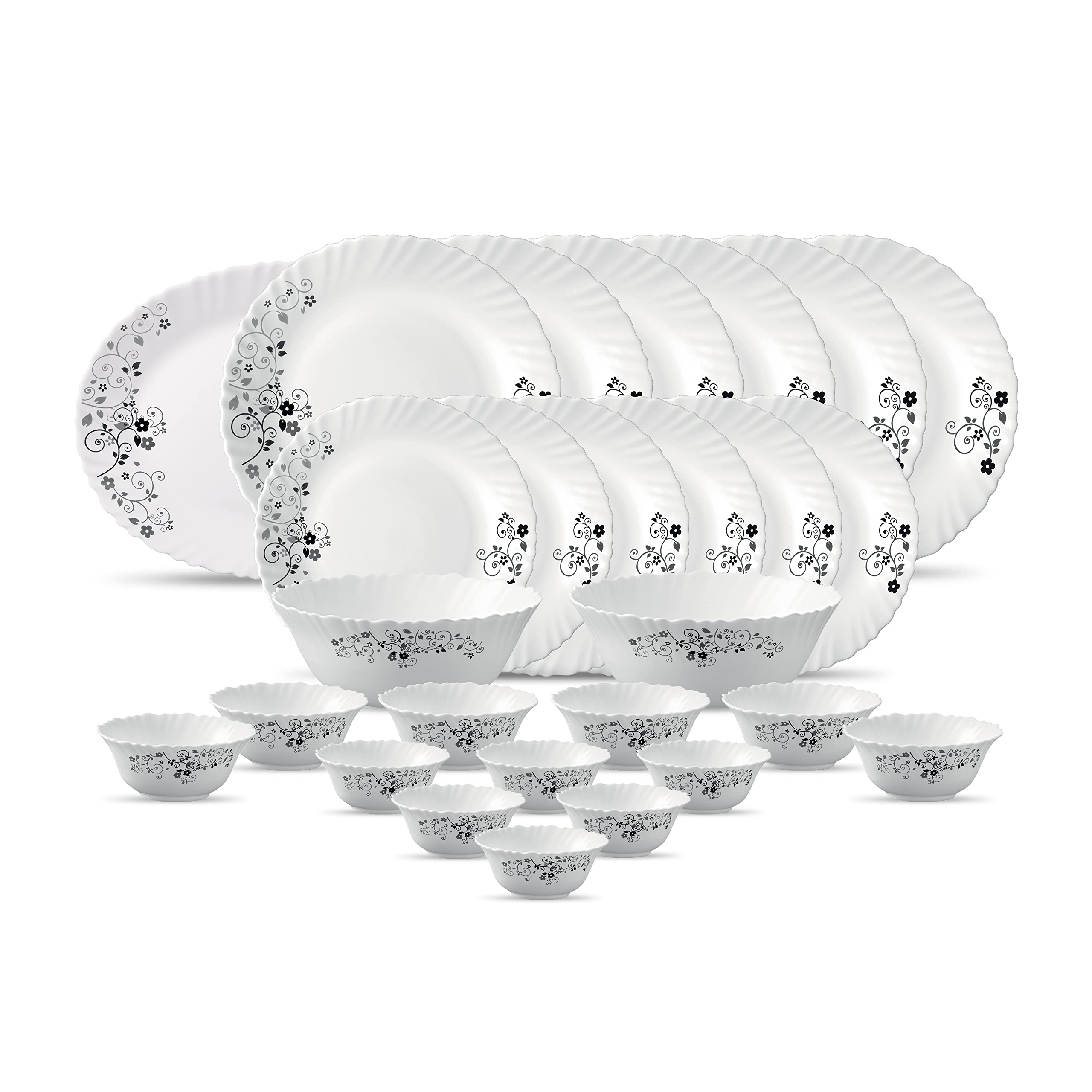 La Opala Diva Classique Collection Opal Glass Crockery | for Family of 6 | Dinner Set 35 pcs Mystrio Black | Plates & Bowls for Dining | Microwave Safe | 100% Vegetarian | Extra Strong | White