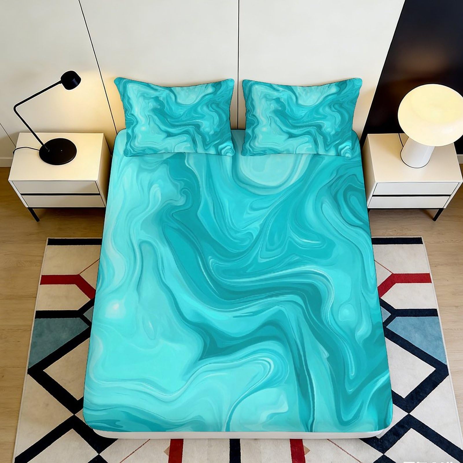 3D Printed Turquoise Marble Fitted Sheet Microfiber Soft Breathable Abstract Swirl Bed Cover for Bedroom Dormitory Guest Room Mattress Protection 120x200x25cm