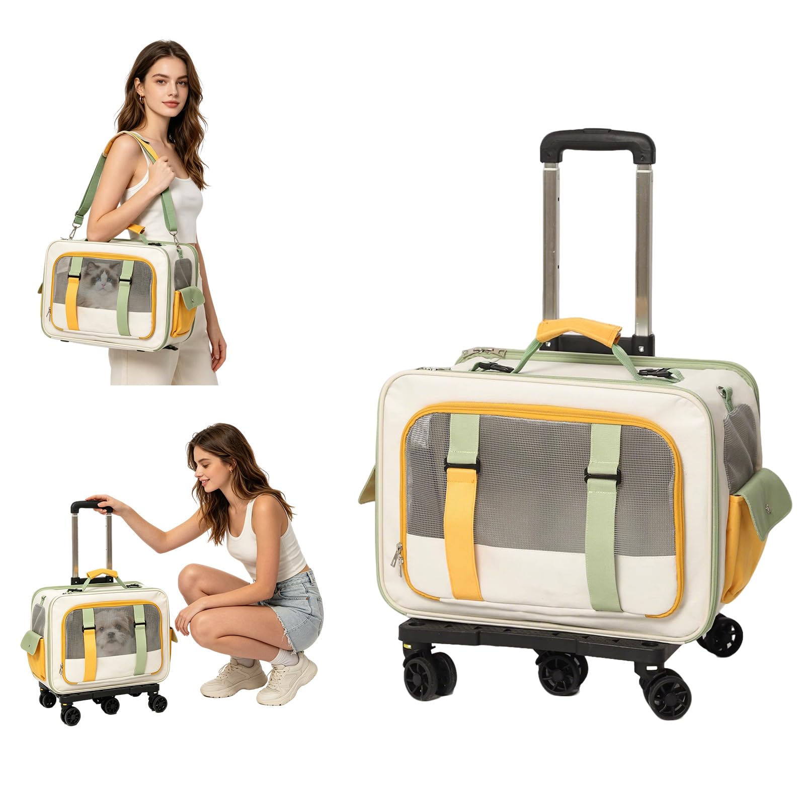PETCUTE Cat Carrier with Wheels, Travel Carrier for Pets with Removable Mat and Safety Strap, Foldable and Breathable, Travel Bag for Dogs, Load 7.5 kg
