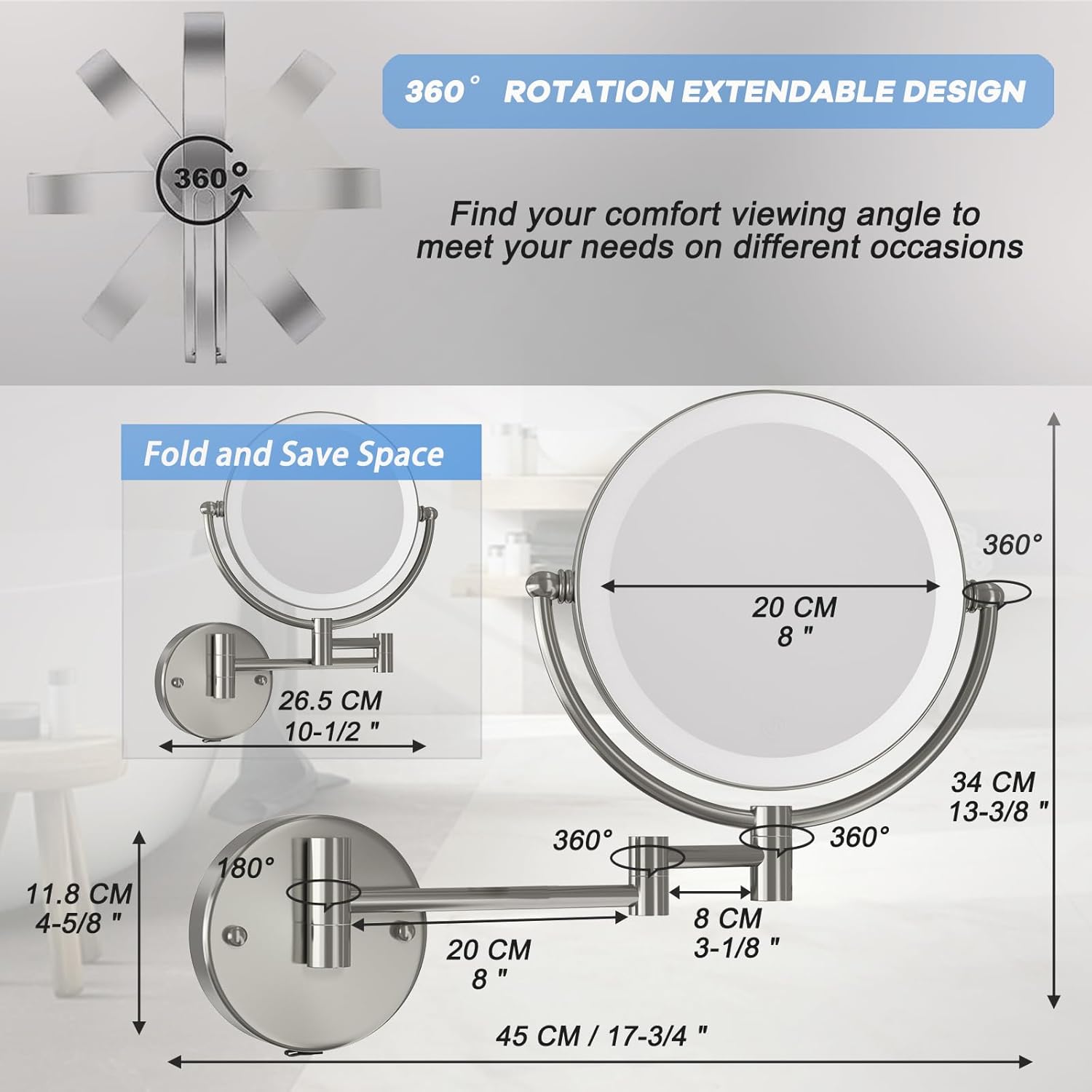 Wall Mounted Lighted Makeup Vanity Mirror with Magnification, 8 Inch Double Sides 10X Magnifying Bathroom Mirror 3 Color Lighting Touch Dimming, Extended Arm Shaving Mirror Hard Wired, Brushed Nickel