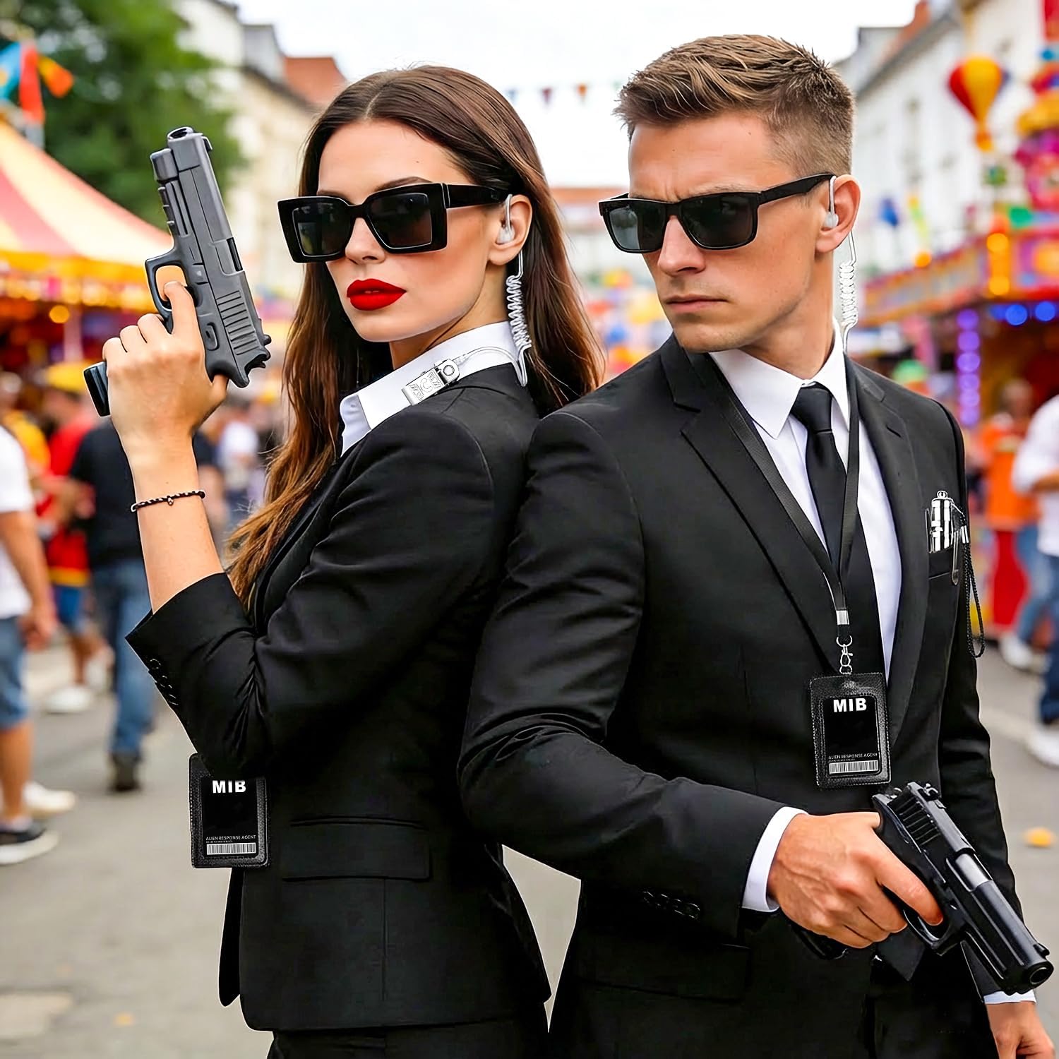 6 Pcs Secret Agent Costume Accessories Set, Black Necktie, Sunglasses, Lanyard with ID Badge, Earpiece Prop, Flashlight, Agent Dress‑up Kit for Adult Men Halloween Cosplay Party