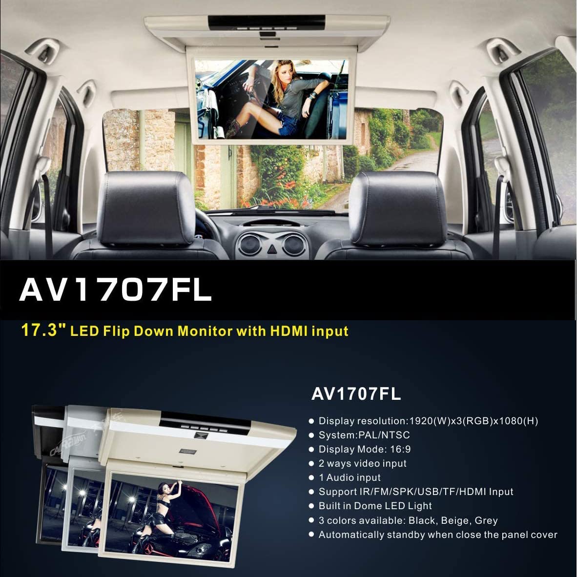 Supporto per tettuccio Flip Down Video Monitor per auto, Display ad alta risoluzione Monitor per supporto HDMI FM trasmettere SD/USB Ingresso 17,3" (nero)