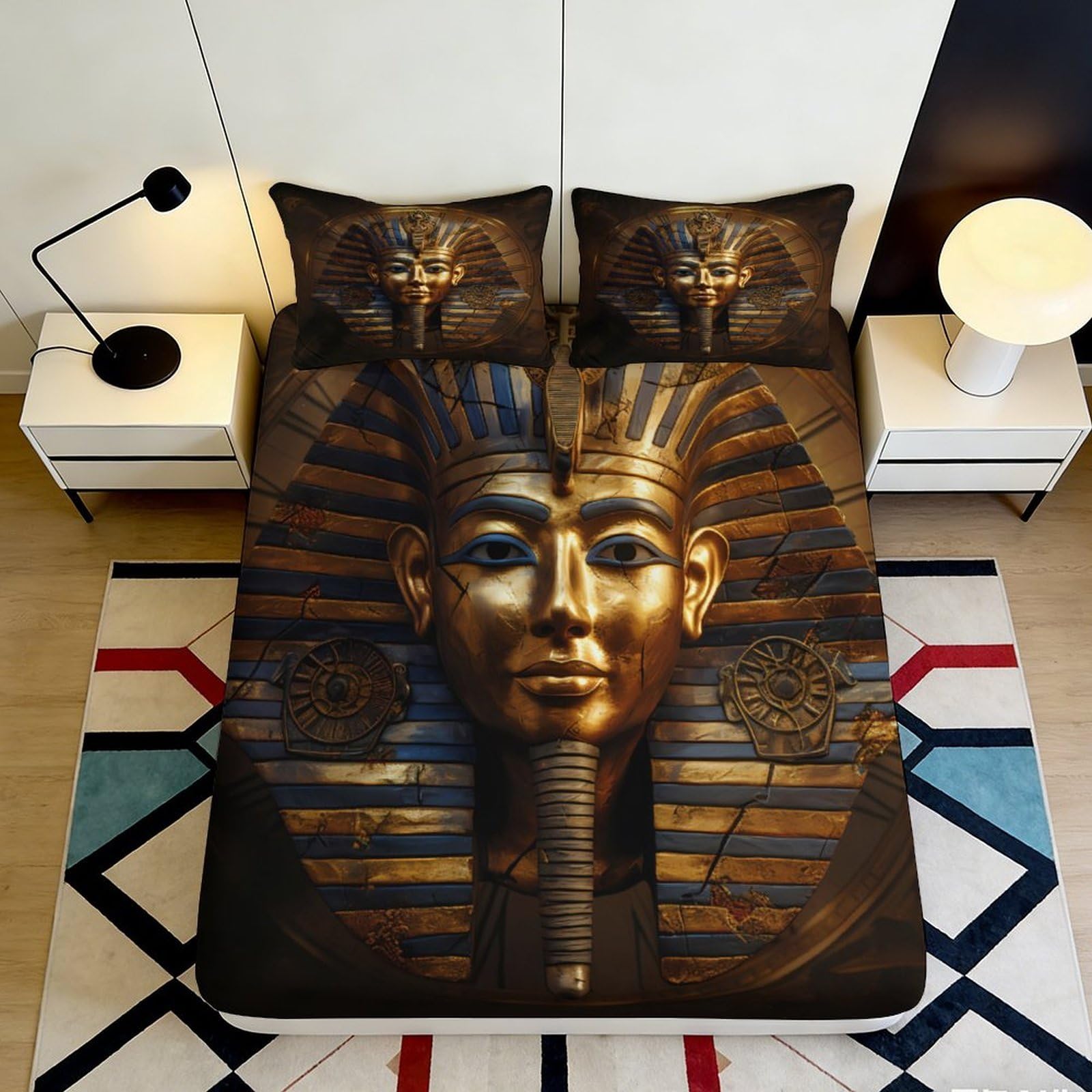 3D Printed Pharaoh Mask Fitted Sheet Microfiber Soft Gold Black Egyptian Sphinx Bed Cover for Bedroom Decor 120x200x25cm