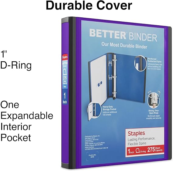 Staples Better Binder 1-Inch D-Ring View Binder, Reinforced Spine, Holds Up to 275 Sheets, Purple, for Office & School
