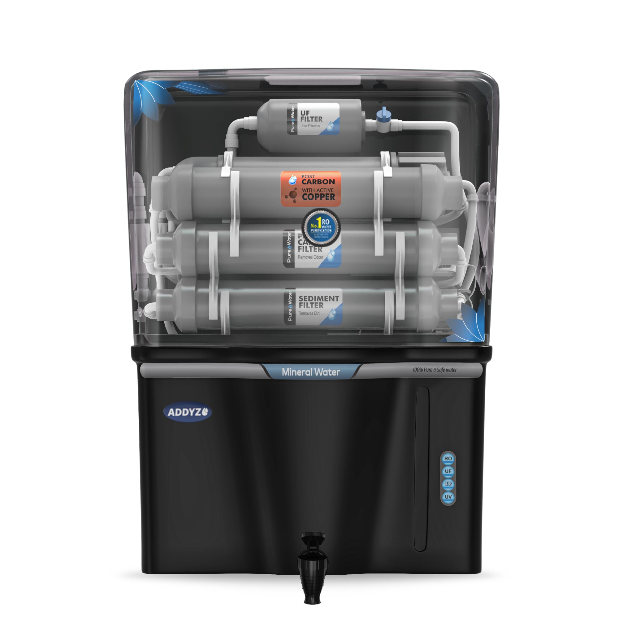 Addyz Fully Automatic Function Aqua Water Purifier with Silver Impregnated Carbon Advanced Multi Stage RO+UV+UF+TDS Adjuster 12 Liters Storage Best for Home (with Free Pre Filter & Extra